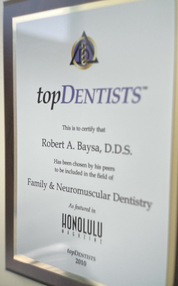 topDentists certificate naming Robert A. Baysa, D.D.S. in family and neuromuscular dentistry