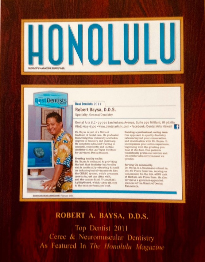 Framed Honolulu Magazine Top Dentist 2011 feature naming Robert A. Baysa, D.D.S.